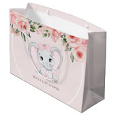 かわいこちゃん象赤面ピンクフローラガールベビーシャワー ラージペーパーバッグ (裏面アングル)