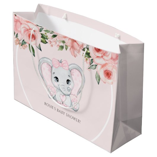 かわいこちゃん象赤面ピンクフローラガールベビーシャワー ラージペーパーバッグ (裏面アングル)