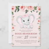 かわいこちゃん象赤面ピンクフローラガールベビーシャワー 招待状 (正面)