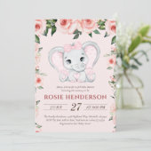 かわいこちゃん象赤面ピンクフローラガールベビーシャワー 招待状 (スタンド正面)