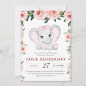 かわいこちゃん象赤面ピンクフローラガールベビーシャワー 招待状 (正面)