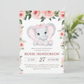かわいこちゃん象赤面ピンクフローラガールベビーシャワー 招待状 (スタンド正面)