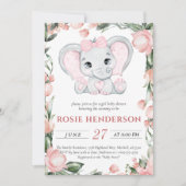 かわいこちゃん象赤面ピンクフローラガールベビーシャワー 招待状 (正面)