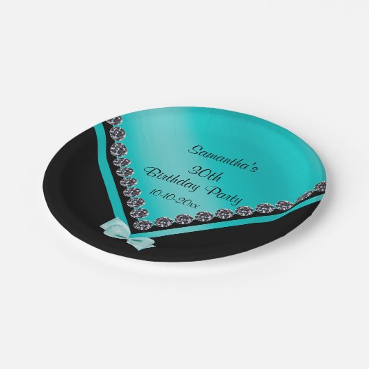かわいらしいきらめくダイヤモンド及びティール（緑がかった色）の弓第30誕生日 ペーパープレート (アングル)