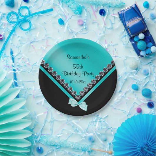 かわいらしいきらめくダイヤモンド及びティール（緑がかった色）の弓第55誕生日 ペーパープレート (パーティー)