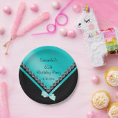 かわいらしいきらめくダイヤモンド及びティール（緑がかった色）の弓第65誕生日 ペーパープレート (パーティー)