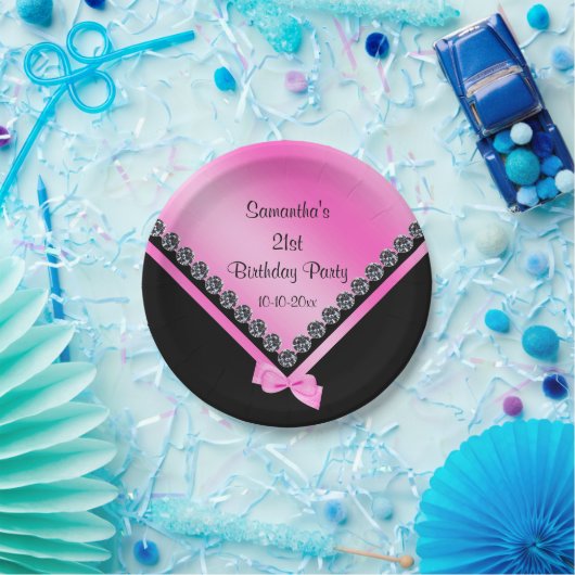 かわいらしいきらめくダイヤモンド及びピンクの弓第21誕生日 ペーパープレート (パーティー)