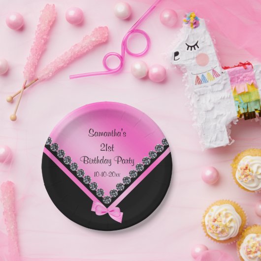 かわいらしいきらめくダイヤモンド及びピンクの弓第21誕生日 ペーパープレート (パーティー)