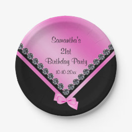 かわいらしいきらめくダイヤモンド及びピンクの弓第21誕生日 ペーパープレート