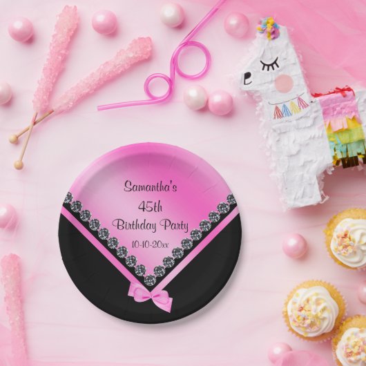 かわいらしいきらめくダイヤモンド及びピンクの弓第45誕生日 ペーパープレート (パーティー)