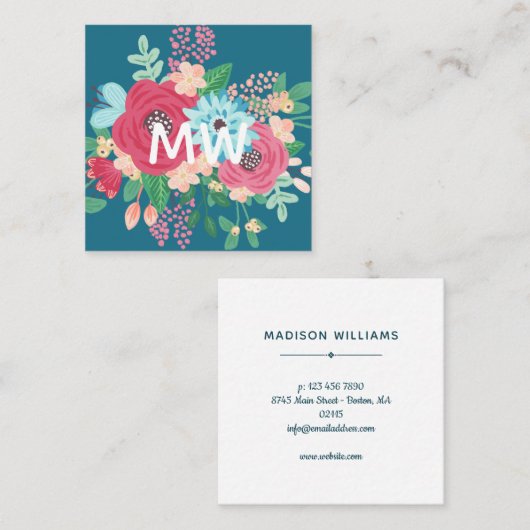 かわいらしいばら色の花束-ティール(緑がかった色)及びピンク-モノグラム スクエア名刺 (正面/裏面)