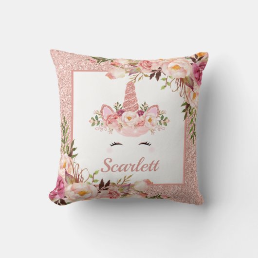 かわいらしいばら色の金ゴールドのユニコーンの水彩画のバラの子供部屋 クッション (正面)