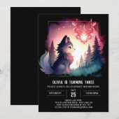 かわいらしいウォーターカラーウルフ誕生日 招待状 (正面/裏面)