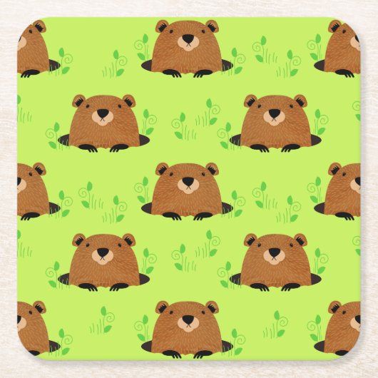 かわいらしいウッドランドのグラウンドホッグの模様 スクエアペーパーコースター (正面)