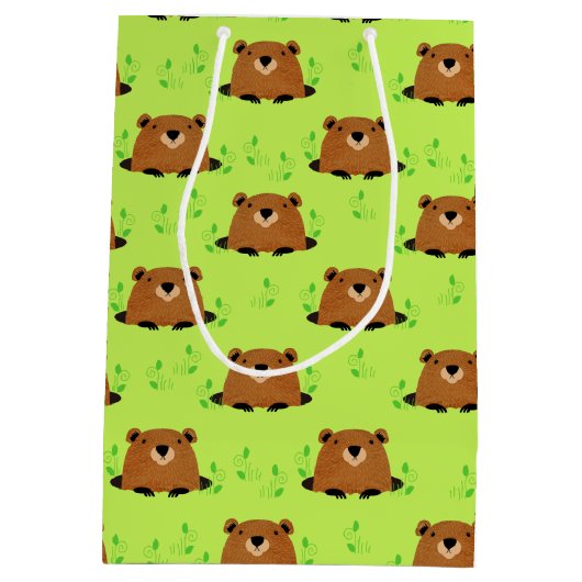 かわいらしいウッドランドのグラウンドホッグの模様 ミディアムペーパーバッグ (裏面)