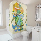 かわいらしいウミガメの熱帯黄色いハイビスカスの花 シャワーカーテン (インサイチュ)