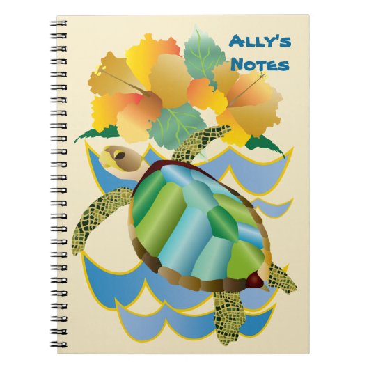 かわいらしいウミガメの熱帯黄色いハイビスカスの花 ノートブック (正面)