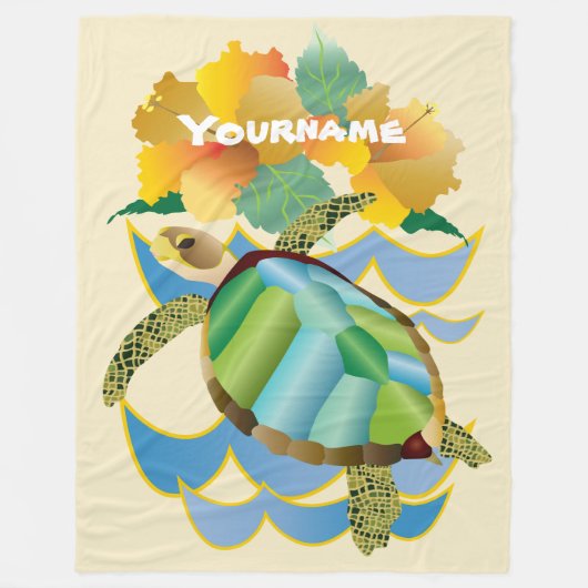 かわいらしいウミガメの熱帯黄色いハイビスカスの花 フリースブランケット (正面)