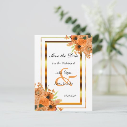 かわいらしいオレンジ花-日付を救って下さい 案内ポストカード (スタンド正面)