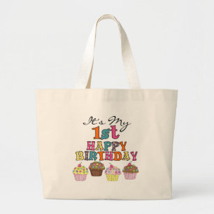 かわいらしいカップケーキの第1誕生日のTシャツおよびギフト ラージトートバッグ