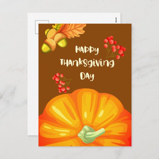 かわいらしいカボチャとパインホールの幸せな感謝祭 シーズンポストカード (正面/裏面)