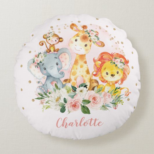 かわいらしいジャングルサファリ動物の女の赤ちゃんの子供部屋 ラウンドクッション (正面)