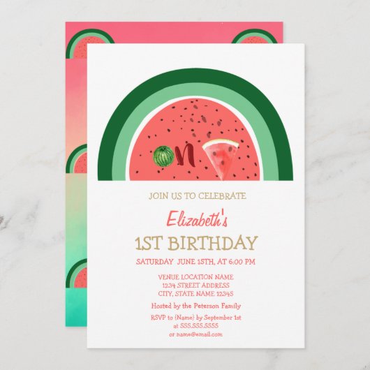 かわいらしいスイカ1歳の誕生日パーティー 招待状 (正面/裏面)