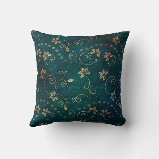かわいらしいティール(緑がかった色)のばら色の金ゴールドの花のヴィンテージのデザイン クッション (裏面)