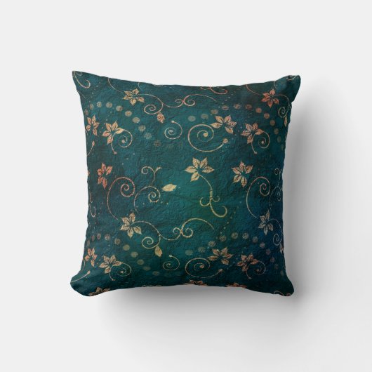 かわいらしいティール(緑がかった色)のばら色の金ゴールドの花のヴィンテージのデザイン クッション (正面)