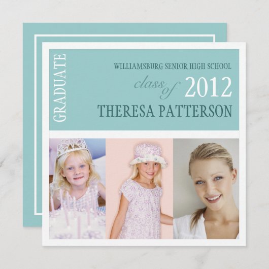 かわいらしいティール(緑がかった色)の写真のコラージュの卒業パーティー 招待状 (正面/裏面)