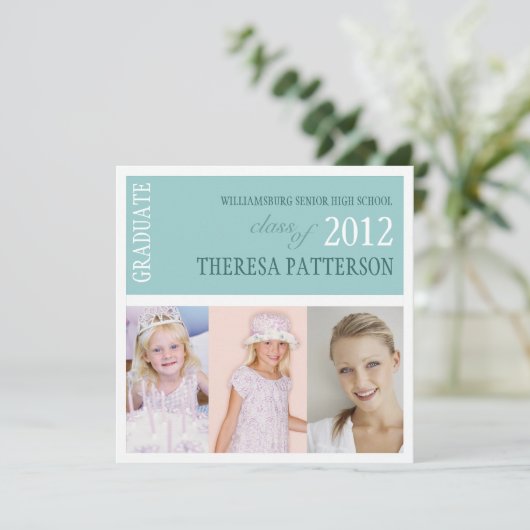 かわいらしいティール(緑がかった色)の写真のコラージュの卒業パーティー 招待状 (スタンド正面)