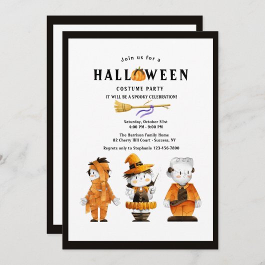 かわいらしいハロウィーンの子供服パーティー 招待状 (正面/裏面)