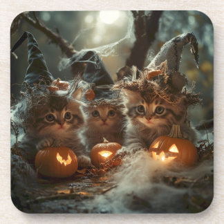 かわいらしいハロウィーンキテンスとカボチャ コースター