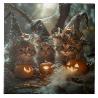 かわいらしいハロウィーンキテンスとカボチャ タイル