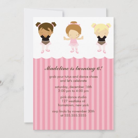 かわいらしいバレエダンサーの誕生日パーティー 招待状 (正面)