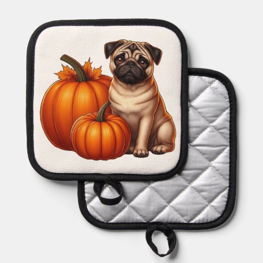 かわいらしいパグがカボチャやの隣に離れ座る 鍋敷き (正面/裏面)