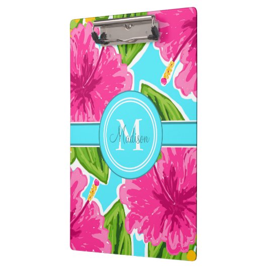 かわいらしいパステル調のハイビスカスのモチーフの名前のモノグラム クリップボード (左)