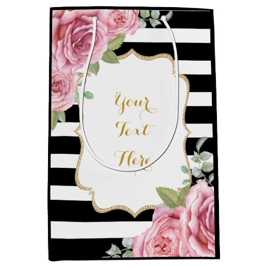 かわいらしいパリの水彩画のピンクのバラのパーティの記念品 ミディアムペーパーバッグ (正面)