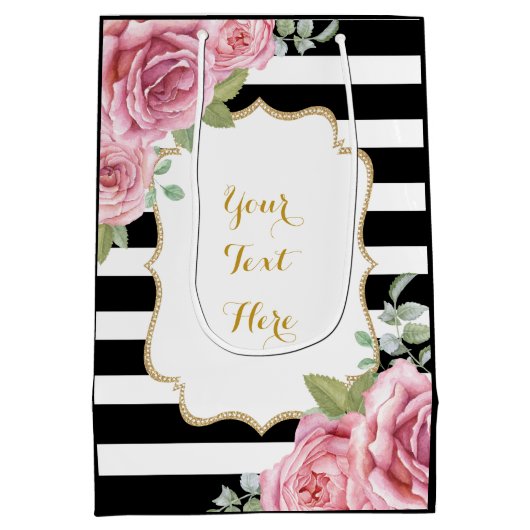 かわいらしいパリの水彩画のピンクのバラのパーティの記念品 ミディアムペーパーバッグ (裏面)