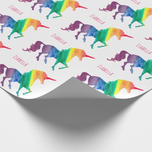 かわいらしいパーソナライズな水彩画の虹のユニコーン ラッピングペーパー (角)