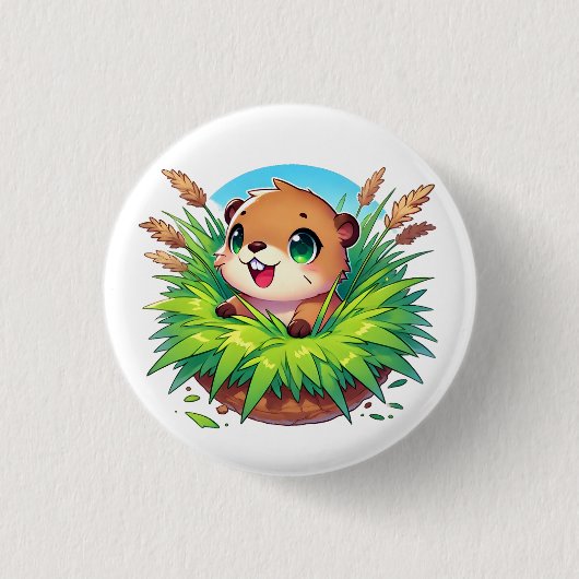 かわいらしいビーバーが穴から覗き出す 缶バッジ (正面)