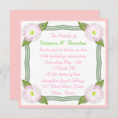 かわいらしいピンクおよび緑の花の誕生日の招待状 招待状 (正面/裏面)