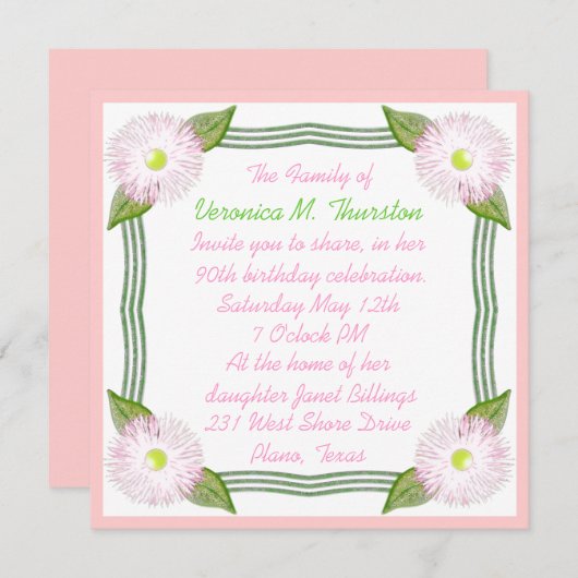 かわいらしいピンクおよび緑の花の誕生日の招待状 招待状 (正面/裏面)