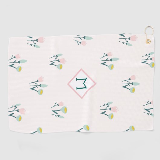 かわいらしいピンクおよび青い春の花のモノグラム ゴルフタオル (横)