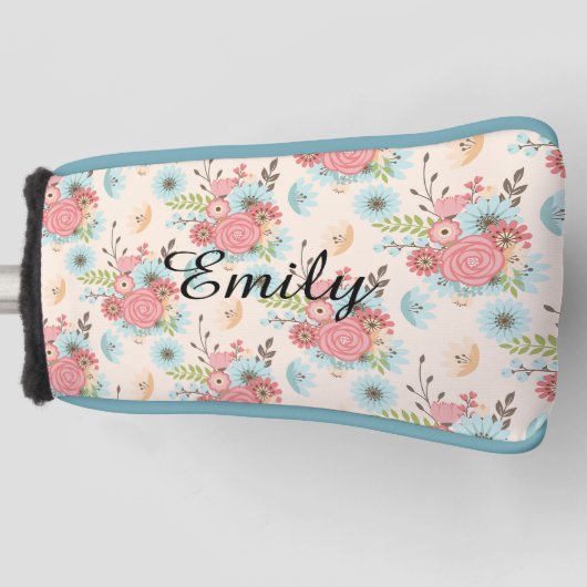 かわいらしいピンクおよび青い花の運搬人カバー ゴルフヘッドカバー (正面)