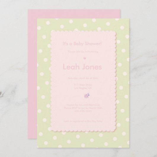 かわいらしいピンクのてんとう虫の女の子のベビーシャワーの招待状 招待状 (正面/裏面)