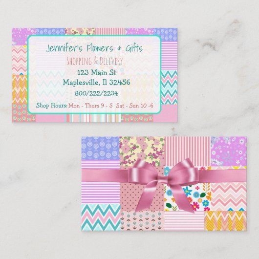 かわいらしいピンクのキルト及び弓名刺 名刺 (正面/裏面)