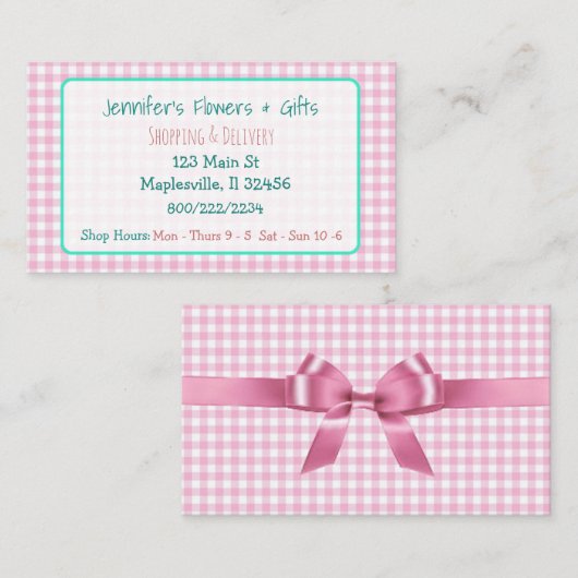 かわいらしいピンクのギンガム及び弓名刺 名刺 (正面/裏面)
