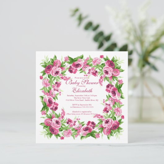 かわいらしいピンクのシャクヤクの花の女の子のベビーシャワー 招待状 (スタンド正面)