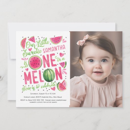 かわいらしいピンクのスイカ、かわいい夏の1歳の誕生日 招待状 (正面)